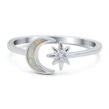 Moon & Star Ring Lab Created White Opal Simulated Cubic Zirconia 925 Sterling Silver